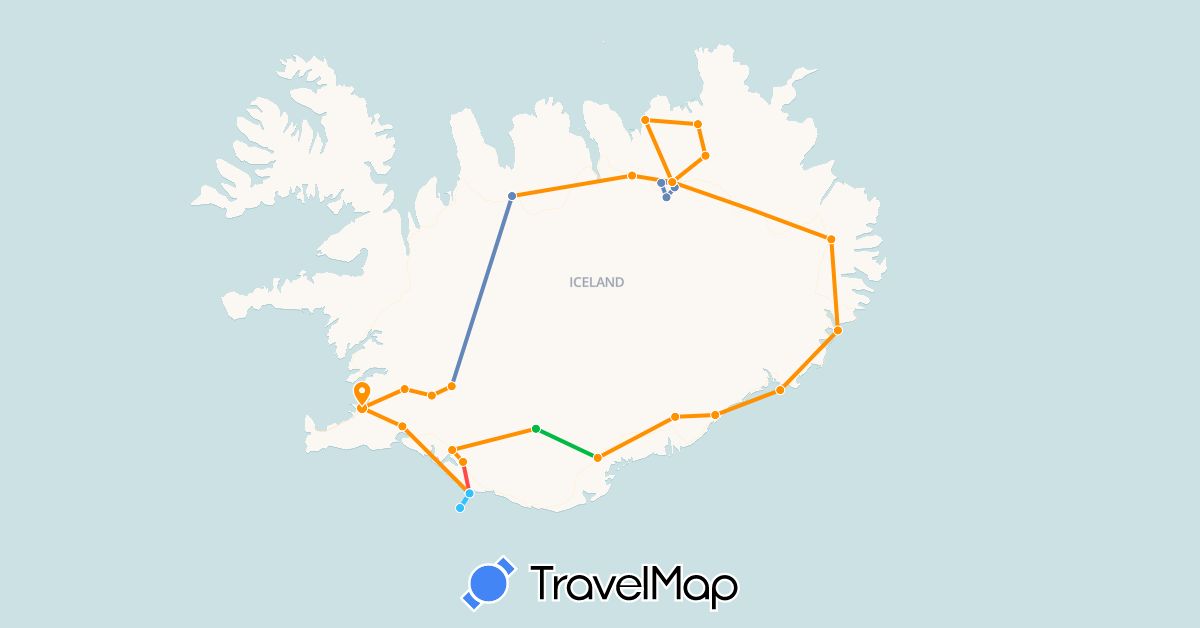 TravelMap itinerary: driving, bus, cycling, hiking, boat, hitchhiking in Iceland (Europe)